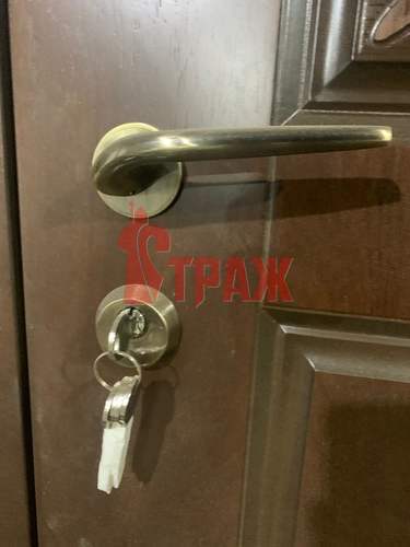 раздельная ручка и замок на металлической двери со стеклопакетом